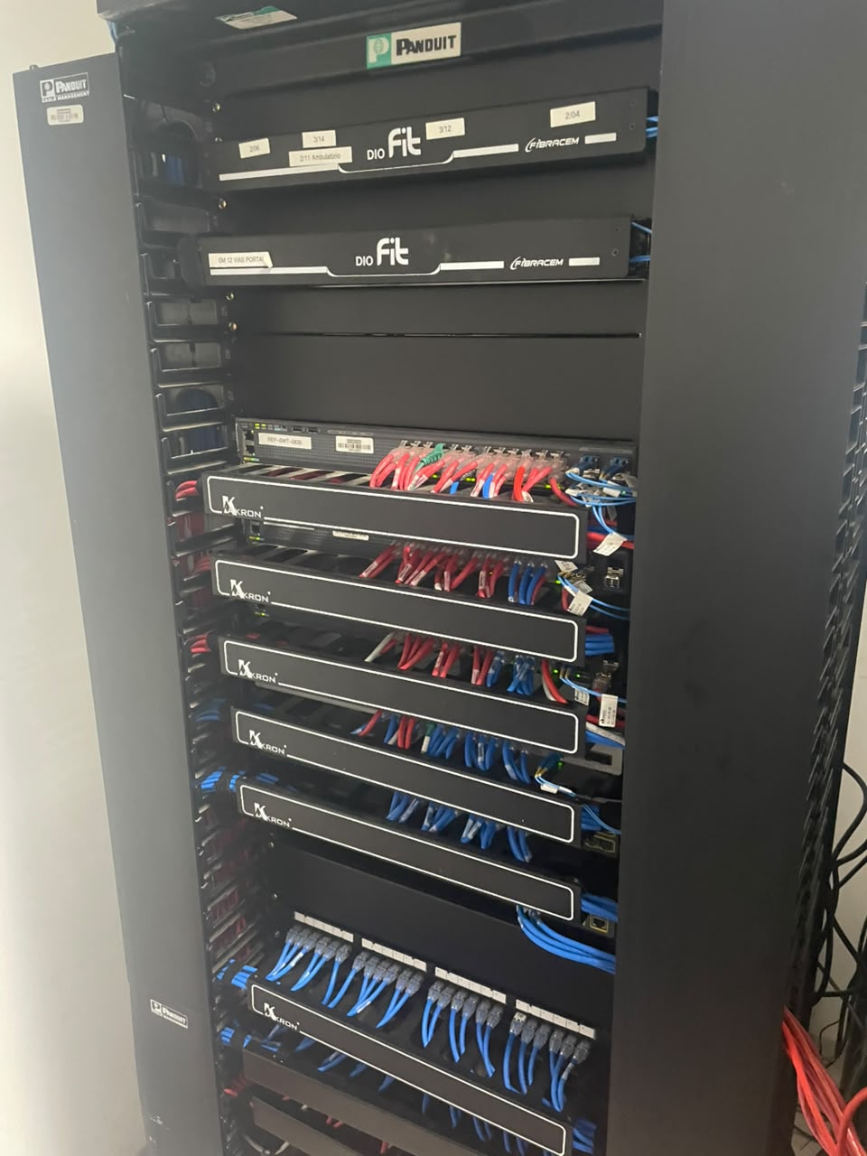 Vista de rack com painéis e cabeamento