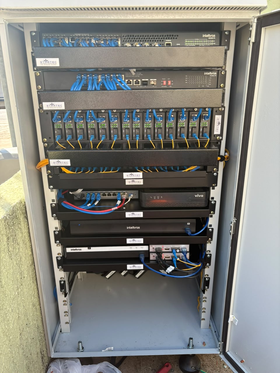 Gabinete técnico com equipamentos e cabeamento